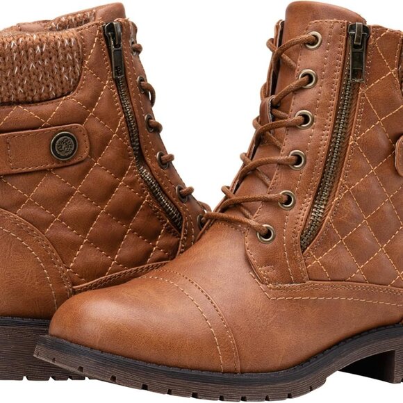 Women's Combat Ankle Boots Synthetic Leather Low Heel Waterproof Lace Up - Picture 1 of 9